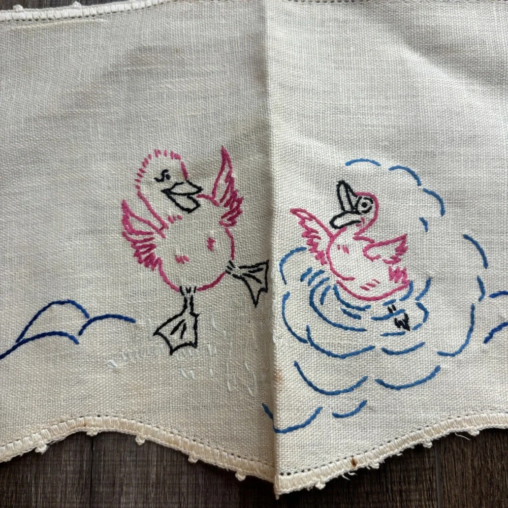 Vintage Hand Embroidered Nursery Set 3 Bear Duck Nautical Scalloped Lace Dresser